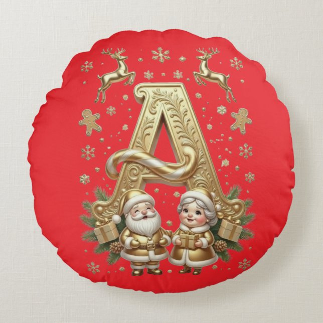 Royal Gold Letter A Luxury Red Round Throw Pillow Rund Kudde (Framsidan)