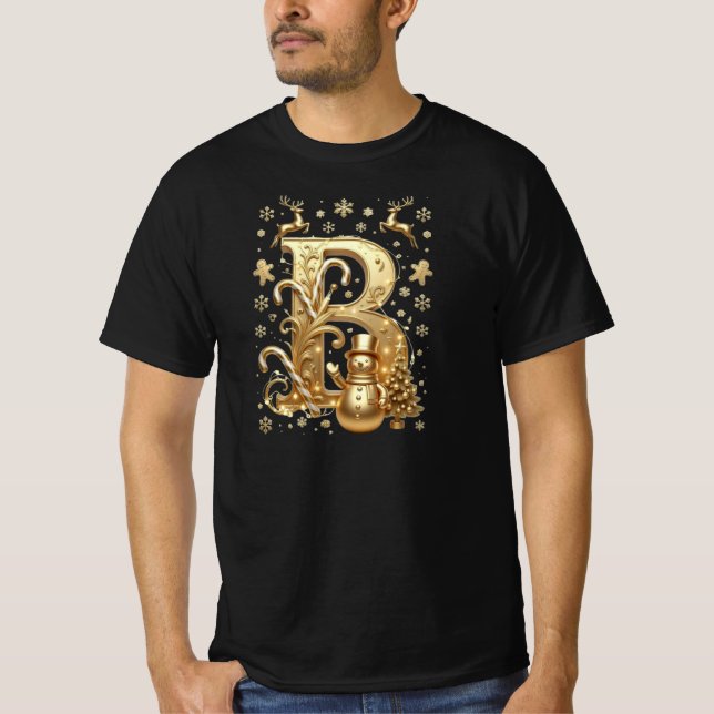 Royal Gold Letter B Luxury Snowman Black Shirt T (Framsida)