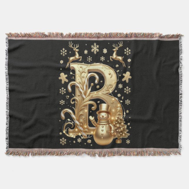 Royal Gold Letter B Luxury Snowman Sherpa Blanket Filt (Framsidan)