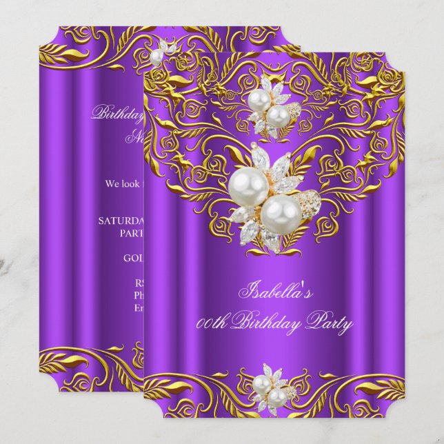 Royal Gold på Purple Pearl Elegant Födelsedagsfest Inbjudningar (Fram/baksida)