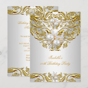 Royal Gold på Vit Pärla Elegant Födelsedagsfest Inbjudningar