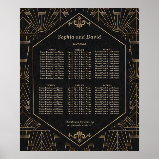 Royal Gold Svart Stor Gatsby Bröllops Seating Char Poster (Framsidan)