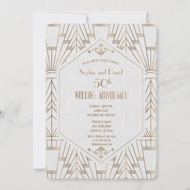 Royal Gold Vit Great Gatsby Bröllopsjubileum Inbjudningar (Framsida)