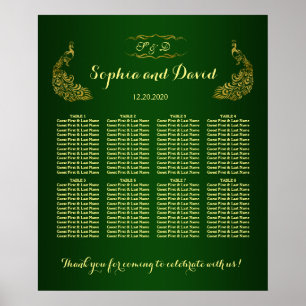 Royal Grönt Guld Peacock Bröllop Sittdiagram för P Poster