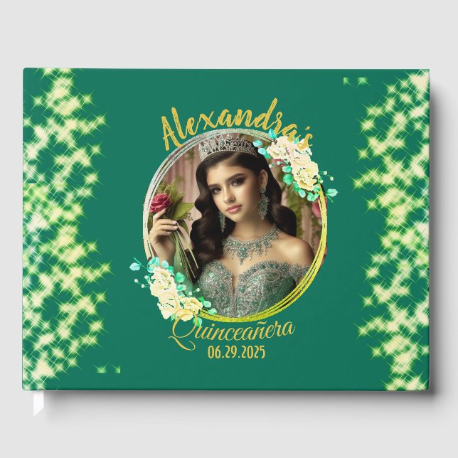 Royal Grönt Photo Boho Quinceañera Spanska Gästböcker (Framsida)