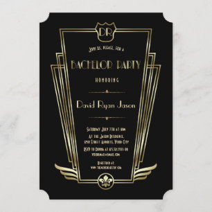 Royal Guld Art Deco Monogram Bachelor Party Inbjudningar