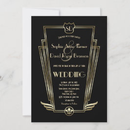 Royal Guld Art Deco Monogram Black Wedding bjudand Inbjudningar