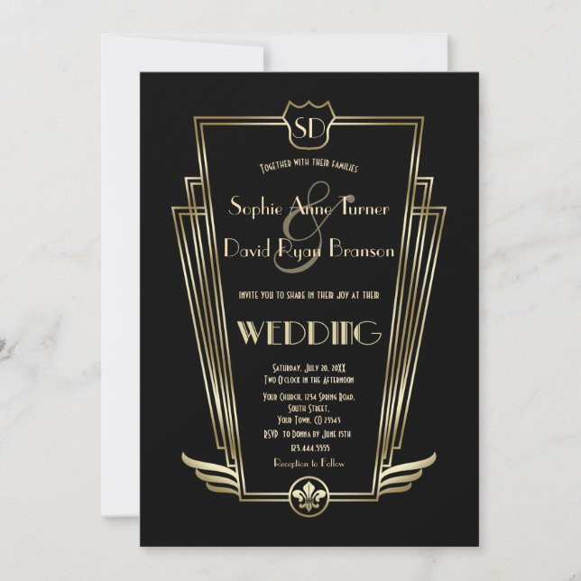 Royal Guld Art Deco Monogram Black Wedding bjudand Inbjudningar (Framsida)