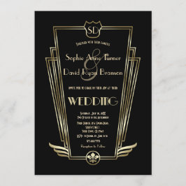 Royal Guld Art Deco Monogram Black Wedding bjudand Inbjudningar
