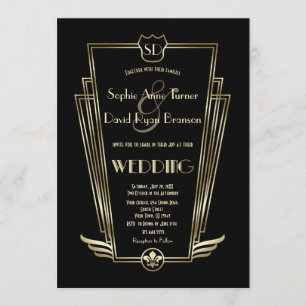 Royal Guld Art Deco Monogram Black Wedding bjudand Inbjudningar