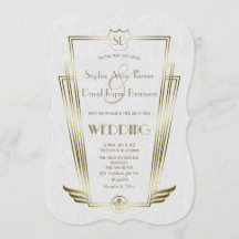 Royal Guld Art Deco Monogram Vita bröllopsinbjudan