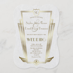 Royal Guld Art Deco Monogram Vita bröllopsinbjudan Inbjudningar