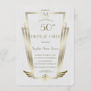 Royal Guld Art Deco Monogram White Födelsedagsfest Inbjudningar