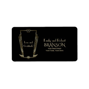 Royal Guld Black Art Deco Monogram Bröllop Adressetikett