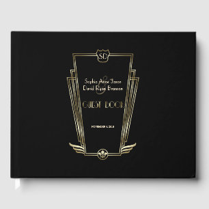 Royal Guld Black Art Deco Monogram Bröllop Gästböcker