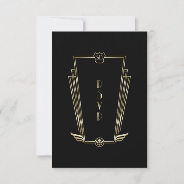 Royal Guld Black Art Deco Monogram Bröllop OSA Kort (Framsida)