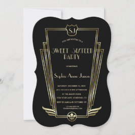 Royal Guld Black Art Deco Monogram Sweet 16 Inbjud Inbjudningar