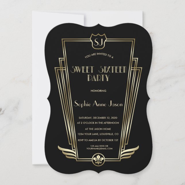 Royal Guld Black Art Deco Monogram Sweet 16 Inbjud Inbjudningar (Framsida)