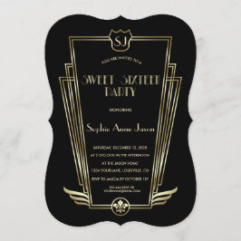 Royal Guld Black Art Deco Monogram Sweet 16 Inbjud Inbjudningar