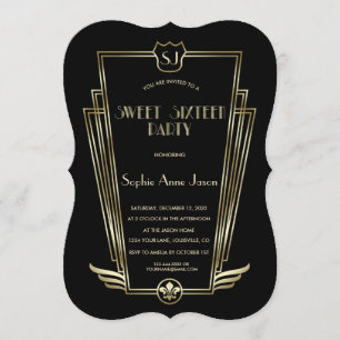 Royal Guld Black Art Deco Monogram Sweet 16 Inbjud Inbjudningar