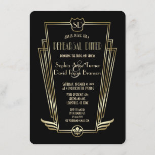 Royal Guld Black Art Deco Rehearsal Middag Inbjudningar