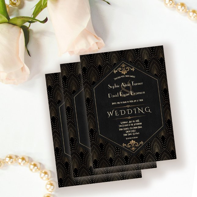 Royal Guld Black Underbar Gatsby Art Deco Bröllop Inbjudningar (trendy wedding, gold black Art Deco wedding, elegant great Gatsby wedding invitation roaring 20s )