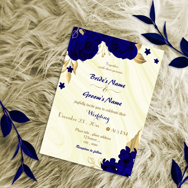 ROYAL GULD BRÖLLOP i BLÅA BLOMMOR Inbjudningar (Skapare uppladdad)