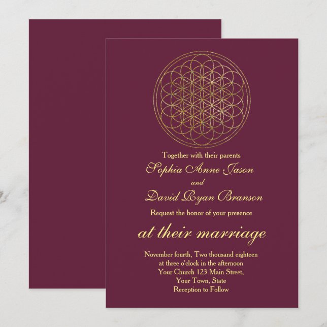Royal Guld Flower of Life Helig Geometry Bröllop Inbjudningar (Fram/baksida)