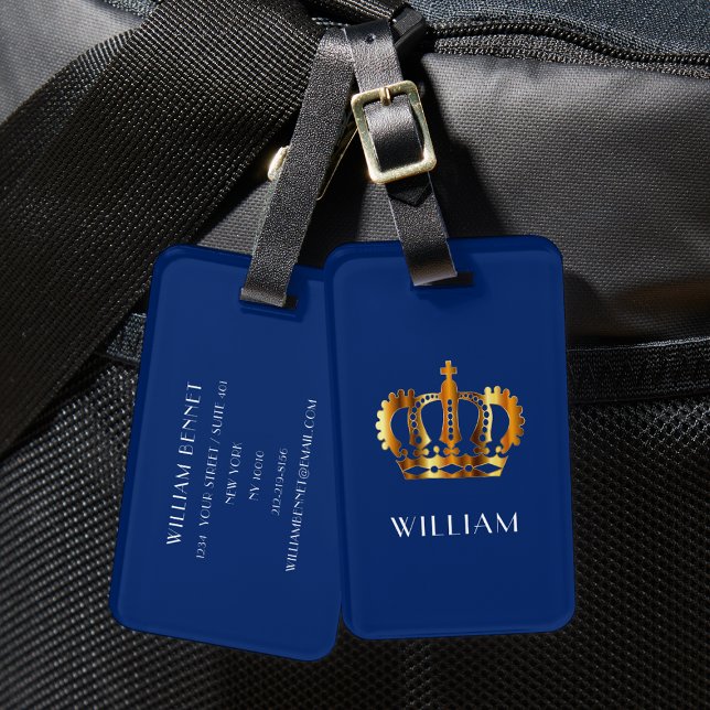 Royal Guld Krona, anpassat Namn Blue Bagagebricka (Royal Gold Crown Customized Name Blue Luggage Tag)