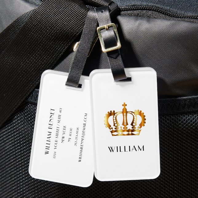 Royal Guld Krona, anpassat Namn White Bagagebricka (Royal Gold Crown Customized Name White Luggage Tag)
