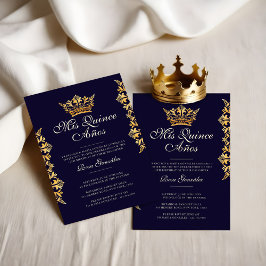 Royal Guld Krona Elegant Navy Quinceañera Inbjudningar