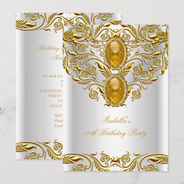 Royal Guld om Födelsedagsfesten Vita Eleganten Eli Inbjudningar (Fram/baksida)