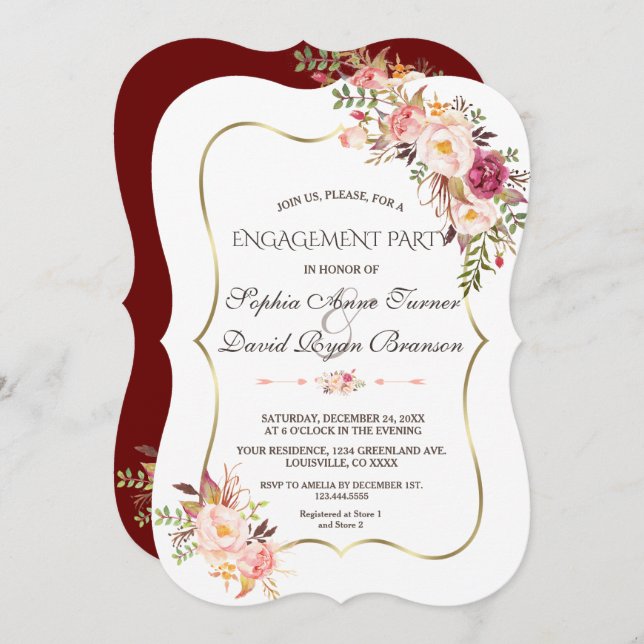 Royal Guld  Rosa Blommigt Burgundy Förlovning Inbjudningar (Fram/baksida)