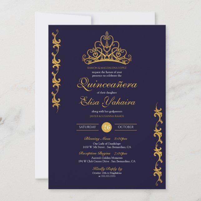 Royal Guld Tiara Krona Elegant Navy Quinceañera Inbjudningar (Framsida)