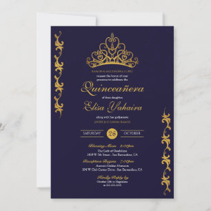 Royal Guld Tiara Krona Elegant Navy Quinceañera Inbjudningar