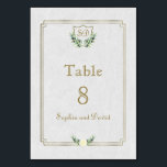 Royal Guld Vapensköld Lush Greenery Bordsnummer<br><div class="desc">Symbol för elegans, överflöd och slapphet! Unik kortutformning med Royal faux guld-folie vapensköld, ett känsligt ram, grenar med vit blomma, på vit texturerad bakgrund. Använda Anpassa verktyg om du vill lägga till din information. Om du vill ha matchande objekt kan du besöka mitt Royal Guld Vapensköld Lush Greenery Bröllop Collection....</div>