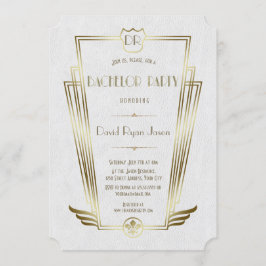 Royal Guld White Art Deco Monogram Bachelor Party Inbjudningar