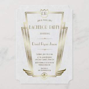 Royal Guld White Art Deco Monogram Bachelor Party Inbjudningar