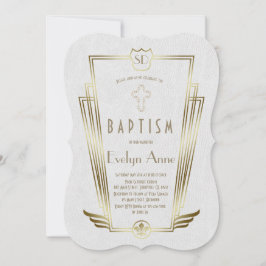 Royal Guld White Art Deco Monogram Baptism Inbjudningar