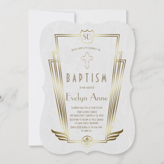 Royal Guld White Art Deco Monogram Baptism Inbjudningar (Framsida)