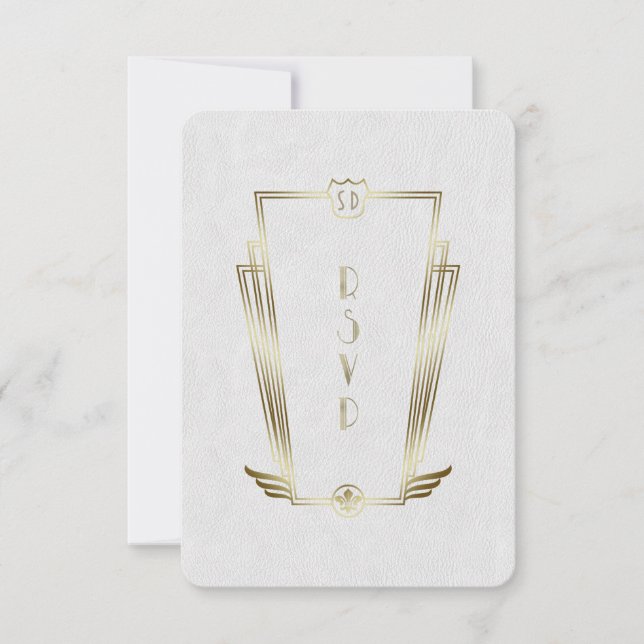 Royal Guld White Art Deco Monogram Bröllop OSA Kort (Framsida)