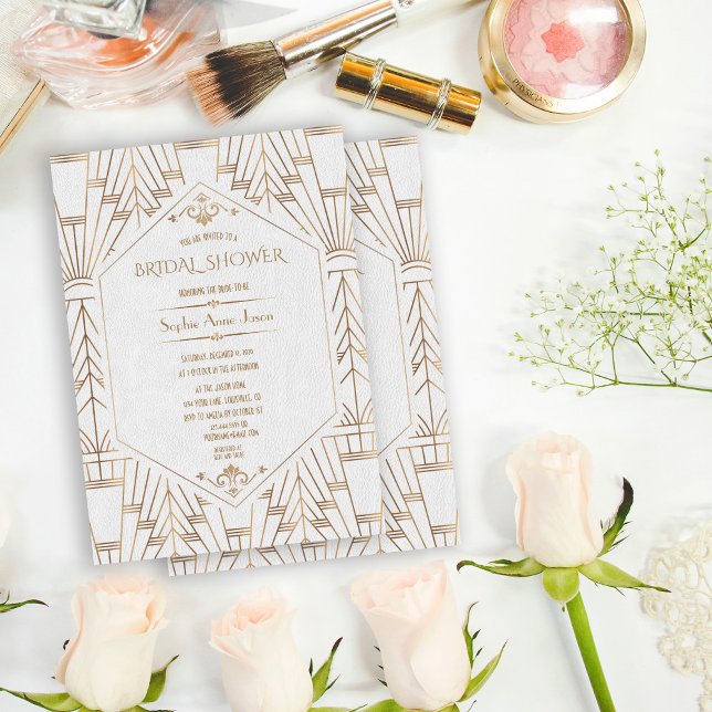 Royal Guld White Underbar Gatsby 1920-talets Möhip Inbjudningar (trendy white gold Art Deco bridal shower invitation, roaring 20s elegant bridal shower invite, )