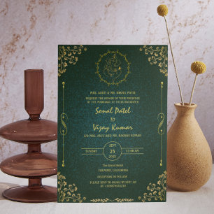 Royal Indian Hindu Bröllop Ganesha Logotyp Golden Inbjudningar