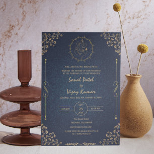 Royal Indian Hindu Bröllop Ganesha Logotyp Golden Inbjudningar