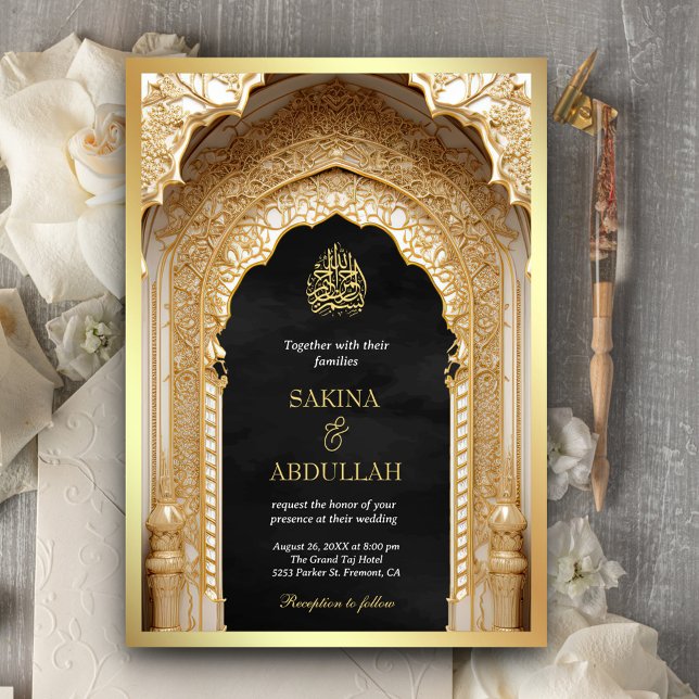 Royal Islamic Arch Black Guld Muslim Bröllop Inbjudningar (Skapare uppladdad)