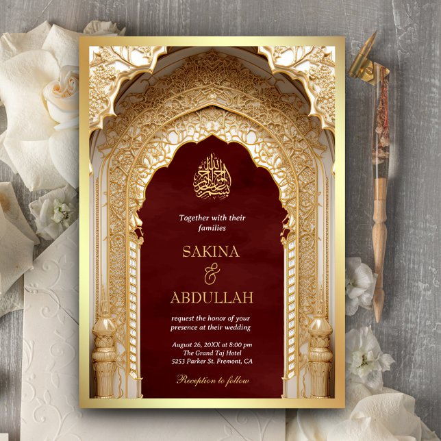 Royal Islamic Arch Maroon Guld Muslim Bröllop Inbjudningar (Skapare uppladdad)