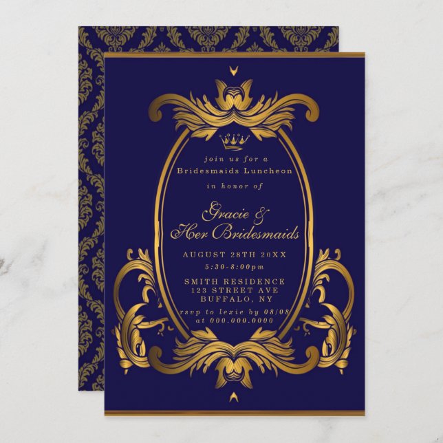 Royal Krona Blue Guld Bridesmaids Luncheon Inbjudn (Fram/baksida)