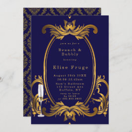 Royal Krona Blue Guld Flourdisch Brunch & Bubly Inbjudningar