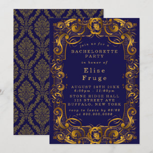 Royal Krona Blue Guld Flourish Bachelorette Party Inbjudningar