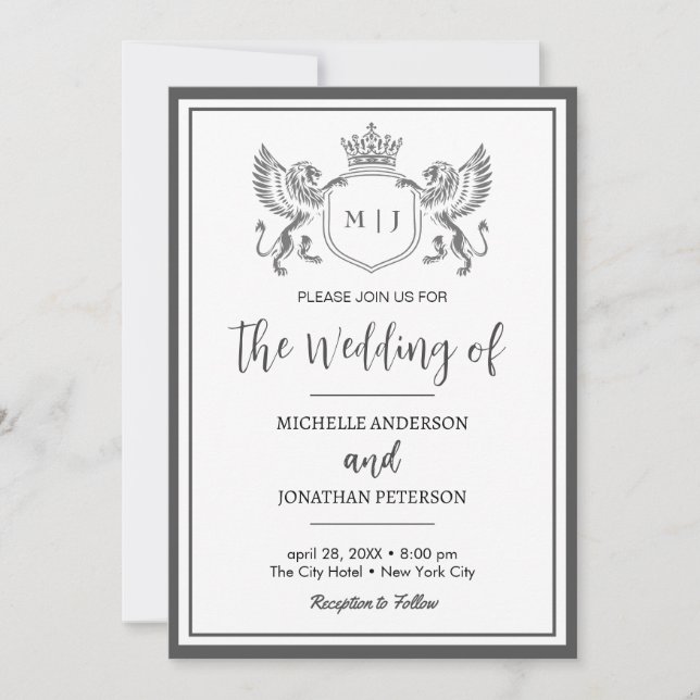 Royal Krona Emblem Lejon Monogram Photo Bröllop Spara Datumet (Framsida)